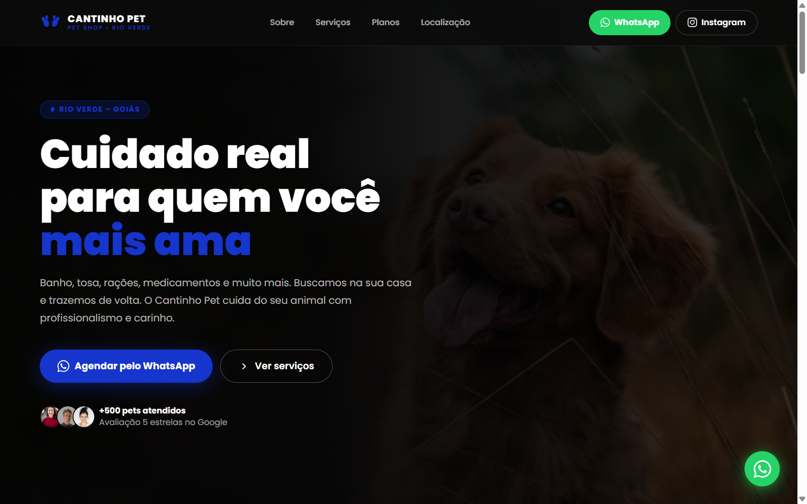 Captura de tela do site Cantinho Pet